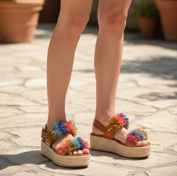 American Eagle Outfitters Shoes - American Eagle Outfitters Brown Espadrille Sandals with Multicolor Pom Poms